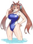  1girl animal_ears bare_legs blue_swimsuit bow breasts brown_hair closed_mouth commentary competition_swimsuit cowboy_shot daiwa_scarlet_(umamusume) eyebrows_visible_through_hair hair_between_eyes hair_bow hair_intakes hand_on_hip highres horse_ears horse_girl jonylaser large_breasts long_hair looking_at_viewer one-piece_swimsuit red_bow red_eyes simple_background smile solo standing swimsuit thighs tiara twintails umamusume wading water wet white_background 