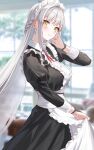  1girl apron bangs black_dress black_gloves blush braid breasts commentary_request dress frills gloves highres kfr large_breasts long_hair long_sleeves looking_at_viewer maid maid_apron maid_headdress original smile solo white_apron white_hair window yellow_eyes 