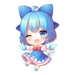  1girl bangs blue_bow blue_dress blue_eyes blue_footwear blue_hair blush bow bowtie chibi cirno collar collared_shirt dress eyebrows_visible_through_hair hair_between_eyes hand_on_hip hand_up ice ice_wings looking_to_the_side one_eye_closed open_mouth pjrmhm_coa puffy_short_sleeves puffy_sleeves red_bow red_neckwear shirt shoes short_hair short_sleeves simple_background smile solo touhou white_background white_shirt wings 