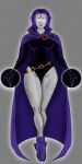  1girl belt breasts cape cloak colored_skin dc_comics forehead_jewel glowing glowing_eyes grey_skin highres leotard looking_at_viewer purple_hair raven_(dc) simple_background solo superhero teen_titans thick_thighs thighs white_eyes 