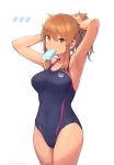  1girl adjusting_hair armpits blue_swimsuit breasts brown_eyes brown_hair competition_swimsuit copyright_request covered_navel eyebrows_visible_through_hair food hair_between_eyes highres looking_at_viewer medium_breasts mouth_hold nakaaki_masashi one-piece_swimsuit ponytail popsicle short_hair simple_background solo swimsuit thighs twitter_username white_background 