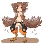  1girl bird_legs blush_stickers brown_feathers brown_hair chestnut_mouth commentary_request eyebrows_visible_through_hair feathered_wings feathers garoudo_(kadouhan&#039;i) harpy monster_girl navel open_mouth orange_eyes orange_panties panties short_hair solo striped striped_panties talons thick_eyebrows topless underwear winged_arms wings 
