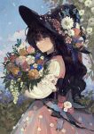  1girl black_hair blue_butterfly blue_flower bouquet braid bug butterfly clouds cloudy_sky daisy dress floral_print flower frilled_sleeves frills hat hat_flower holding holding_flower light_rays long_hair long_sleeves looking_away looking_to_the_side orange_flower original outdoors petals pink_dress pink_flower pla4neta purple_flower red_flower rose_petals single_braid sky sunbeam sunlight white_flower witch_hat 