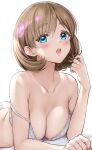  blue_eyes blush bra breasts collarbone eyebrows_visible_through_hair highres large_breasts light_brown_hair looking_at_viewer love_live! love_live!_superstar!! lying on_bed on_stomach open_mouth panties playing_with_own_hair sankuro_(agoitei) short_hair solo tang_keke underwear white_bra white_panties 