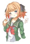  1girl black_ribbon blue_eyes brown_hair candy food green_jacket green_sailor_collar green_skirt hachijou_(kancolle) hair_ribbon highres holding holding_candy holding_food holding_lollipop jacket kantai_collection lollipop long_sleeves looking_at_viewer neck_ribbon one-hour_drawing_challenge pen_chou pleated_skirt red_ribbon ribbon sailor_collar school_uniform serafuku short_hair simple_background skirt solo upper_body white_background 