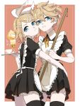  1boy 1girl :&lt; apron bangs bass_clef black_dress black_legwear blonde_hair blue_eyes bow broom commentary crossdressing cup dress eiku framed_image hair_bow hair_ornament hairclip hand_on_another&#039;s_hip highres holding holding_broom holding_tray kagamine_len kagamine_rin looking_at_viewer maid maid_apron neck_ribbon parfait parted_lips red_background red_neckwear ribbon short_hair short_ponytail siblings spiky_hair steam swept_bangs teacup thigh-highs tray treble_clef vocaloid white_bow zettai_ryouiki 