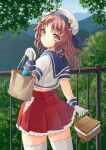  1girl bag basket blue_sailor_collar blue_sky brown_eyes brown_hair day flower forest from_behind gloves hair_flower hair_ornament hat hip_vent kantai_collection long_hair looking_at_viewer looking_back mayura2002 nature one_side_up outdoors paper_bag pleated_skirt puffy_short_sleeves puffy_sleeves railing red_skirt sailor_collar sailor_hat sailor_shirt shirt short_sleeves skirt sky solo standing thermos thigh-highs undershirt wavy_hair white_gloves white_legwear white_shirt yashiro_(kancolle) 