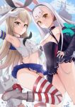  2girls animal_ears azur_lane bare_legs black_dress black_panties blonde_hair blue_skirt blue_sky boots breasts brown_eyes commentary_request covered_navel crop_top crossover day dress elbow_gloves gloves hairband hand_on_hip highleg highleg_panties highres joko_jmc kantai_collection light_smile long_hair looking_at_viewer microskirt midriff multiple_girls outdoors panties pleated_skirt rabbit_ears rensouhou-chan shimakaze_(azur_lane) shimakaze_(kancolle) silver_hair skirt sky sleeveless small_breasts striped striped_legwear thigh-highs underwear very_long_hair white_gloves yellow_eyes 