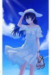  1girl absurdres bangs bare_shoulders blue_hair clouds cowboy_shot dress hair_between_eyes hand_on_headwear hat highres holding holding_clothes holding_footwear jewelry long_hair looking_at_viewer love_live! love_live!_school_idol_project necklace sandals sandals_removed shoes shoes_removed sky smile solo sonoda_umi sun_hat sundress swept_bangs white_dress yellow_eyes 