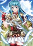  1girl aqua_eyes aqua_hair armor bangs belt blue_sky boots breastplate cape clouds cloudy_sky earrings eirika_(fire_emblem) feathers fingerless_gloves fire_emblem fire_emblem:_the_sacred_stones fire_emblem_heroes gloves highres holding holding_sword holding_weapon jewelry long_hair maji_(majibomber) red_gloves shoulder_armor sidelocks skirt sky smile solo sword thigh-highs thigh_boots weapon white_skirt 