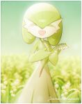  1girl :d ^_^ bangs blurry blurry_background bob_cut border closed_eyes colored_eyelashes colored_skin commentary facing_viewer field flat_chest flower flower_field french_text gardevoir gradient_sky green_hair green_skin green_sky green_theme hair_between_eyes hands_up happy holding holding_flower lily_of_the_valley lotosu multicolored multicolored_skin open_mouth own_hands_together pokemon pokemon_(creature) shiny shiny_hair short_hair sky smile solo standing sunlight translation_request two-tone_skin white_border white_flower white_skin 