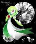  1girl bangs black_background blush bob_cut character_name choker colored_skin commentary crystal dated diamond_(gemstone) english_text eyebrows_visible_through_hair flat_chest full_body gardevoir gem green_hair green_skin hair_over_one_eye hand_to_own_mouth hand_up happy heart heart_in_eye lace lace_choker looking_at_viewer lotosu mega_stone multicolored multicolored_skin open_mouth outstretched_arm pokemon pokemon_(creature) shiny shiny_hair short_hair smile solo standing symbol_in_eye transparent two-tone_skin white_skin 