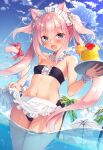  1girl :d animal_ear_fluff animal_ears apron bandeau bangs bare_shoulders bell bikini black_bikini blue_eyes blue_sky blush boku_no_risou_no_isekai_seikatsu bow breasts cat_ears cat_girl cat_tail clouds commentary_request crazy_straw day drinking_straw eyebrows_visible_through_hair fang flower frilled_apron frills hair_between_eyes hair_flower hair_ornament heart_straw holding holding_tray jingle_bell long_hair looking_at_viewer maid_bikini maid_headdress open_mouth outdoors pink_hair red_bow sazaki_ichiri sky small_breasts smile solo standing strapless swimsuit tail tail_bell tail_bow tail_ornament tray tube_top twintails two_side_up very_long_hair wading waist_apron water white_apron white_flower wrist_cuffs 