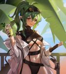 1girl antenna_hair arknights bangs bare_shoulders breasts brown_eyes cup drinking_glass gavial_(arknights) green_hair hair_between_eyes hand_up highres holding holding_cup long_hair long_sleeves looking_at_viewer medium_breasts navel off_shoulder open_clothes open_shirt parted_lips ponytail red_lips shirt smile solo stomach tail under_boob upper_body wawapeng white_shirt