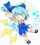  0mzum1 1girl animal arm_up bangs black_footwear blue_bow blue_dress blue_eyes blue_hair blush bow bowtie chibi cirno collar collared_shirt dress eyebrows_visible_through_hair flying frog hand_up ice ice_wings lightning looking_at_viewer one-hour_drawing_challenge one_eye_closed open_mouth puffy_short_sleeves puffy_sleeves red_bow red_neckwear shirt shoes short_hair short_sleeves smile socks solo square touhou white_background white_legwear white_shirt wings 