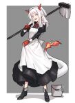  1girl alternate_costume apron arknights arm_tattoo black_dress braid bucket chinese_commentary colored_skin commentary_request dragon_girl dragon_horns dragon_tail dress ear_piercing enmaided eyebrows_visible_through_hair fang full_body grey_background highres holding holding_mop horns lifted_by_self long_hair long_sleeves looking_at_viewer mabing maid maid_headdress mop multicolored_hair nian_(arknights) over_shoulder piercing pink_eyes red_skin redhead simple_background single_braid skin_fang solo standing streaked_hair tachi-e tail tail-tip_fire tattoo white_apron white_background white_hair white_headdress 