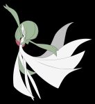  1girl arms_up bangs black_background bob_cut closed_eyes colored_skin commentary crossed_legs dancing flat_chest flat_color full_body gardevoir green_hair green_skin hair_over_one_eye lotosu multicolored multicolored_skin outstretched_arms pokemon pokemon_(creature) short_hair simple_background solo spread_arms standing two-tone_skin white_skin 