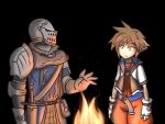 1boy 1other ambiguous_gender armor blue_eyes bonfire brown_hair chosen_undead comedy dark_souls_(series) dark_souls_i fingerless_gloves fire full_armor gauntlets gloves hayato_stuff helmet jewelry kingdom_hearts male_focus necklace pauldrons short_hair shoulder_armor sora_(kingdom_hearts) spiky_hair super_smash_bros. weapon