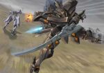  clouds cloudy_sky explosion holding holding_sword holding_weapon jubey looking_ahead mecha motion_blur mountain muvluv muvluv_unlimited:_the_day_after no_humans science_fiction sky sword tactical_surface_fighter takemikazuchi_(muvluv) thrusters visor weapon 