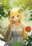  1girl :d absurdres ahoge animal_ears bangs bare_arms bare_shoulders blonde_hair blush breasts dress eyebrows_visible_through_hair food fruit hair_ornament highres holding holding_food holding_fruit hololive horns incoming_food long_hair looking_at_viewer medium_breasts open_mouth outstretched_arm plant round_teeth sheep_ears sheep_girl sheep_horns shyi sleeveless sleeveless_dress smile solo teeth tsunomaki_watame upper_body upper_teeth very_long_hair violet_eyes virtual_youtuber white_dress 