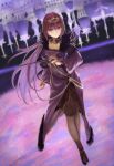  1girl 7aehyun absurdres breasts dutch_angle fate/grand_order fate_(series) highres long_hair medium_breasts purple_hair red_eyes scathach_(fate)_(all) scathach_skadi_(fate) short_hair sleeves_past_wrists solo very_long_hair walking wand 