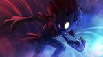  absurdres blurry claws closed_mouth commentary fang fang_out glowing glowing_eyes higa-tsubasa highres looking_at_viewer no_humans pink_eyes pokemon pokemon_(creature) smile solo weavile 