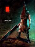  1boy apron bare_arms bare_shoulders black_footwear copyright_name facing_viewer hanekoto helm helmet holding male_focus muscular muscular_male pyramid_head realistic silent_hill silent_hill_2 solo sword tile_wall tiles weapon 