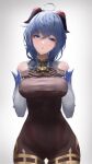  1girl absurdres ahoge bare_shoulders bell black_bodysuit blue_eyes blue_hair bodysuit breasts commentary_request covered_navel cowbell detached_sleeves ganyu_(genshin_impact) genshin_impact goat_horns hands_on_own_chest highres horns long_hair medium_breasts neck_bell open_mouth simple_background solo standing violet_eyes wanne 