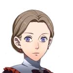  1girl adult brown_hair dress ear_piercing earrings expressionless fake female_focus fire_emblem fire_emblem:_three_houses fire_emblem_heroes intelligent_systems kurahana_chinatsu kurahana_chinatsu_(style) looking_at_viewer lowres mother mugshot nintendo patricia_(fire_emblem) portrait purple_eyes short_hair solo solo_focus transparent_background unofficial 