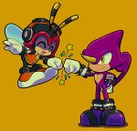  &gt;_&lt; 2boys :d bee bug chameleon charmy_bee closed_mouth erisawa_(53_ersw) espio_the_chameleon fist_bump flying gloves helmet highres horns looking_up multiple_boys open_mouth single_horn smile sonic_(series) standing translation_request white_gloves wings xd yellow_background yellow_eyes 