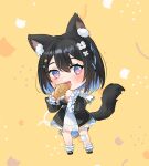  1girl :d absurdres animal_ear_fluff animal_ears ankle_garter badge bandaid bandaid_on_knee bangs black_dress black_hair blue_hair blush braid button_badge cat_ears cat_tail chibi colored_inner_hair dress flower frilled_sleeves frills hair_between_eyes hair_flower hair_ornament hairpin highres hoshina_suzu long_sleeves mary_janes multicolored multicolored_clothes multicolored_dress multicolored_hair open_mouth shino_laila_(artist) shoes side_braid smile tail violet_eyes virtual_youtuber wactor_production white_dress white_flower 