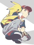  1boy backpack bag baseball_cap black_hair black_shirt brown_eyes closed_mouth commentary_request from_below grey_pants hat holding holding_poke_ball jacket male_focus nagi_(exsit00) on_shoulder pants pikachu poke_ball poke_ball_(basic) pokemon pokemon_(creature) pokemon_(game) pokemon_frlg pokemon_on_shoulder red_(pokemon) red_headwear shirt shoes short_hair short_sleeves sleeveless sleeveless_jacket squatting t-shirt vs_seeker yellow_bag 