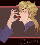  1boy blonde_hair candy chocolate dio_brando disembodied_limb feeding food happy_valentine heart heart-shaped_chocolate jojo_no_kimyou_na_bouken less_end male_focus open_mouth red_eyes solo_focus stardust_crusaders valentine 