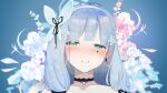  1girl absurdres bangs black_choker blue_background blue_hair blush choker collarbone crossed_bangs earrings eyebrows_visible_through_hair floral_background flower girls_frontline green_eyes hair_flower hair_ornament hairband highres hk416_(girls&#039;_frontline) jewelry long_hair looking_at_viewer open_mouth solo soranagi_(una123) teardrop teardrop_facial_mark teardrop_tattoo tears upper_body 