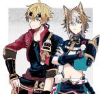  2boys animal_ears armor bangs blue_eyes brown_hair closed_mouth crossed_arms ear_piercing fake_horns fingerless_gloves fox_boy fox_ears genshin_impact gloves gorou_(genshin_impact) green_eyes hair_between_eyes hair_ornament hand_on_hip headband highres horned_headwear horns jacket japanese_clothes looking_at_viewer male_focus multicolored_hair multiple_boys piercing simple_background streaked_hair thoma_(genshin_impact) u_5ham0 upper_body white_hair 