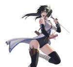  1girl 7aehyun ass_visible_through_thighs bare_shoulders black_hair blue_eyes breasts covered_nipples flower gauntlets groin_tendon hair_between_eyes hair_flower hair_ornament highres ninja open_mouth original small_breasts solo standing standing_on_one_leg tattoo teeth thigh-highs thighs tongue weapon_request white_background 