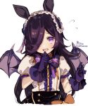  1girl animal_ears bangs black_hair black_skirt blush bow brown_bow center_frills commentary_request demon_wings eyebrows_visible_through_hair fangs flying_sweatdrops frills gloves hair_over_one_eye hand_up highres horse_ears looking_at_viewer open_mouth portrait puffy_short_sleeves puffy_sleeves purple_bow purple_gloves purple_wings rice_shower_(umamusume) short_sleeves signature simple_background skirt sofra solo striped striped_bow twitter_username umamusume violet_eyes white_background wings 