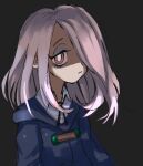 1girl black_background bright_pupils collared_shirt grace_hosanna_marquez_carranco hair_over_one_eye hood hood_down little_witch_academia long_hair looking_at_viewer pink_hair red_eyes shirt solo sucy_manbavaran white_pupils 