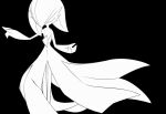 1girl bangs black_background bob_cut closed_eyes commentary flat_chest gardevoir greyscale hair_over_one_eye hands_up legs_together lotosu monochrome pokemon pokemon_(creature) short_hair simple_background sketch solo standing 