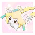  black_eyes blush border closed_mouth commentary_request halo jirachi looking_at_viewer no_humans pokemon pokemon_(creature) smile solo white_border wings zenu_(zinc_pokemon) 