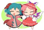  2girls animal_ears brown_dress brown_headwear character_name chibi closed_eyes clothes_writing dress fang full_body green_background green_hair hat ini_(inunabe00) kasodani_kyouko long_sleeves medium_hair multiple_girls mystia_lorelei open_mouth outstretched_arms pink_dress pink_hair skin_fang smile spread_arms tail touhou v-shaped_eyebrows white_background winged_hat wings 