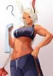  1girl ? abs absurdres alternate_hairstyle animal_ears bangs blue_shorts blue_tank_top boku_no_hero_academia braid braided_ponytail breasts dark-skinned_female dark_skin doroti. hand_on_hip highres holding holding_towel large_breasts long_eyelashes long_hair looking_at_viewer midriff mirko navel parted_bangs parted_lips rabbit_ears rabbit_girl red_eyes shorts solo sports_bra sweat tank_top toned towel white_hair 