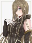  1girl bangs black_dress blue_eyes blush breasts brown_hair detached_sleeves dress eyebrows_visible_through_hair gloves hand_on_own_chest highres long_hair looking_at_viewer mexif parted_lips simple_background solo tales_of_(series) tales_of_the_abyss tear_grants upper_body very_long_hair 