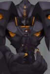  1boy bangs black_jacket brown_hair clothes_around_waist grey_background hair_over_one_eye highres holding_person jacket jacket_around_waist male_focus mecha muvluv muvluv_unlimited:_the_day_after one_eye_covered open_hand pilot_suit science_fiction shirogane_takeru tactical_surface_fighter takemikazuchi_(muvluv) takuden visor 