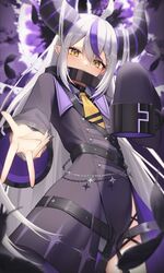  1girl ahoge belt black_belt black_choker blush choker collar demon_girl demon_horns grey_hair highres hololive horns la+_darknesss long_hair long_sleeves looking_at_viewer metal_collar multicolored_hair purple_hair sleeves_past_fingers sleeves_past_wrists slit_pupils streaked_hair striped_horns thomas_8000 very_long_hair virtual_youtuber yellow_eyes 