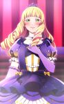  1girl bangs blonde_hair blush collarbone commentary_request crown dress drill_hair eyebrows_visible_through_hair gloves green_eyes hand_on_own_chest heanna_sumire highres long_hair looking_at_viewer love_live! love_live!_superstar!! nonfiction!!_(love_live!) purple_dress purple_gloves solo tears upper_body vorupi 
