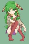  1girl breasts closed_mouth feena_(grandia) feet grandia grandia_i green_eyes green_hair hair_tubes jewelry long_hair midriff necklace simple_background skirt smile socks solo thigh-highs yugingo 