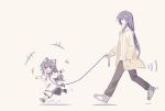  2girls :d animal_ears beige_background black_hair blue_eyes brown_pants cat_ears cat_girl cat_tail child closed_mouth dual_persona foxnote1 fu_hua fu_hua_(herrscher_of_sentience) full_body grey_footwear hand_in_pocket highres honkai_(series) honkai_impact_3rd hood hoodie index_finger_raised jacket leash long_sleeves looking_at_another multiple_girls open_clothes open_jacket open_mouth outstretched_arms pants pointing ponytail red_eyes red_footwear shoes short_sleeves shorts simple_background smile sneakers tail walking white_hoodie white_shorts yellow_jacket younger 