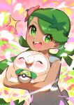  1girl :d absurdres bangs bare_arms blush commentary_request eyelashes flower friend_ball green_eyes green_hair grey_overalls hair_flower hair_ornament highres holding holding_poke_ball long_hair looking_at_viewer mallow_(pokemon) open_mouth pink_flower poke_ball pokemon pokemon_(creature) pokemon_(game) pokemon_sm rowlet sleeveless smile sparkle swept_bangs taisa_(lovemokunae) teeth tongue twintails upper_body 