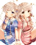  2girls absurdres bangs blue_dress blue_eyes blue_neckwear blush braid braided_bangs brown_eyes closed_mouth commentary_request dress eyebrows_visible_through_hair grey_hair grin hair_over_shoulder hair_twirling hand_up hands_together highres hisakawa_hayate hisakawa_nagi idolmaster idolmaster_cinderella_girls idolmaster_cinderella_girls_starlight_stage long_hair low_twintails multiple_girls one_eye_closed pink_dress pink_neckwear plaid_neckwear pleated_dress puffy_short_sleeves puffy_sleeves sailor_collar sailor_dress short_sleeves siblings simple_background sisters sitting smile starry_background twins twintails v-shaped_eyebrows very_long_hair white_background white_sailor_collar wrist_cuffs yata_(yatao_zzz) 